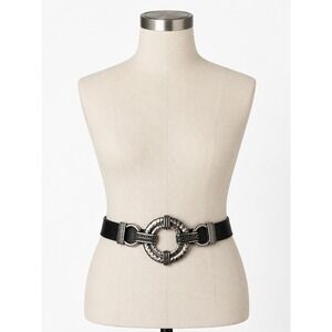 Chicos Black Genuine Leather Medallion Belt Silver Hammered Buckle AdjustableS/M
